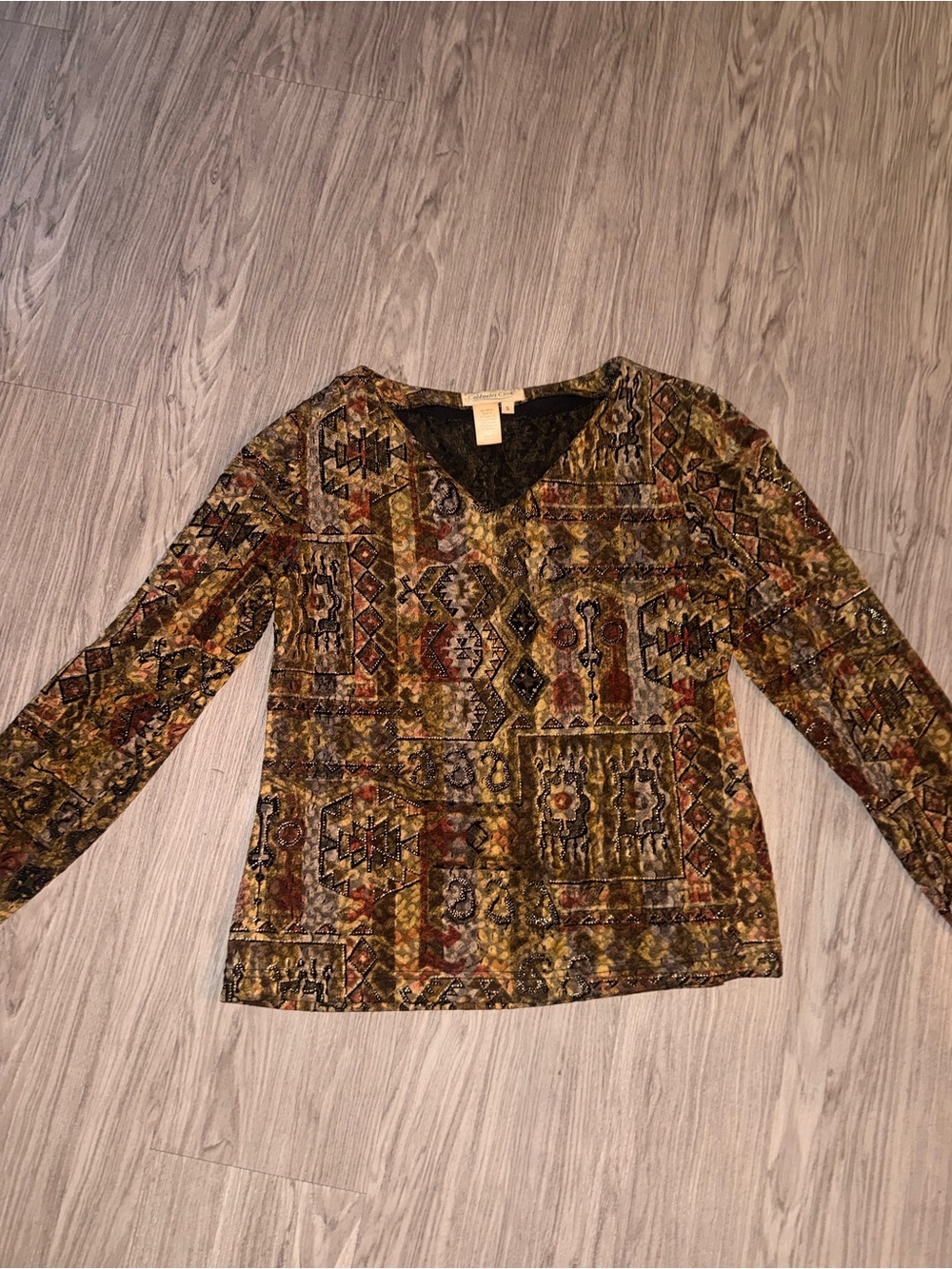 Coldwater Creek Olive Multi Mosaic V-Neck Long Sleeve Top